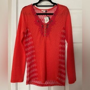 Miss Me y2k crochet longsleeve Red Orange V-neck Sweater Size L